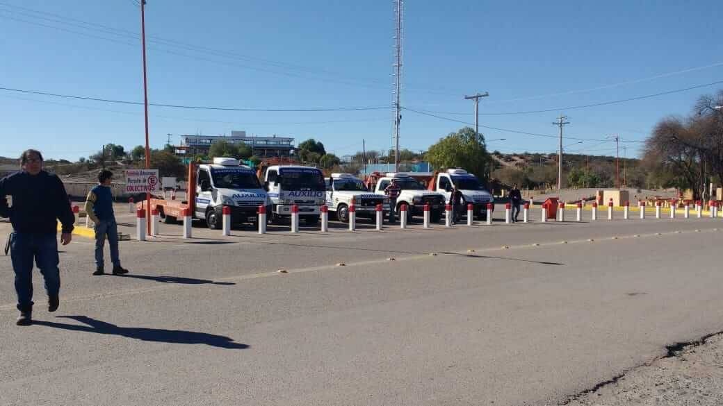 Parte de la flota de grúas estacionada en una parada de ruta